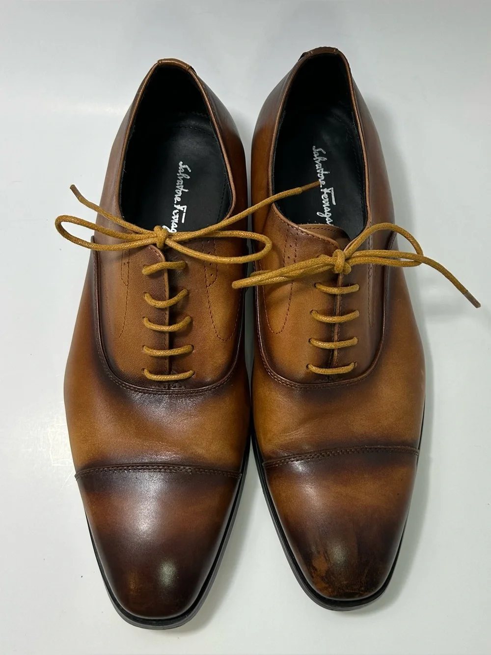 Salvatore Ferragamo Brown Cap Toe Oxford Dress Shoes Mens 10.5 Leather Cognac 44